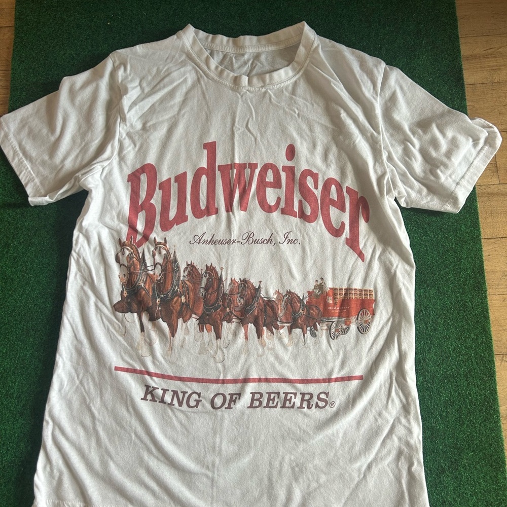 Budweiser White Short Sleeve Tee with Red Logo and Clydesdales